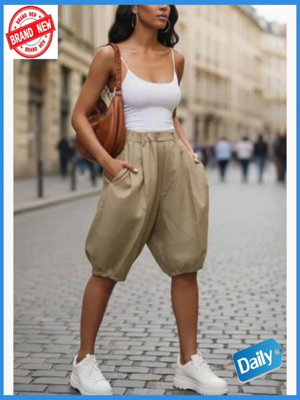Bermuda Shorts for Women Baggy Knee Length Elastic Waist Jorts High Waisted